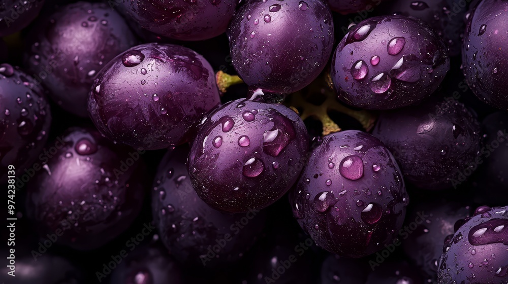 A tight shot of clusters of grapes, adorned with dewdrops at their summits and bases A tight shot of clusters of grapes, adorned with dewdrops at their summits and bases