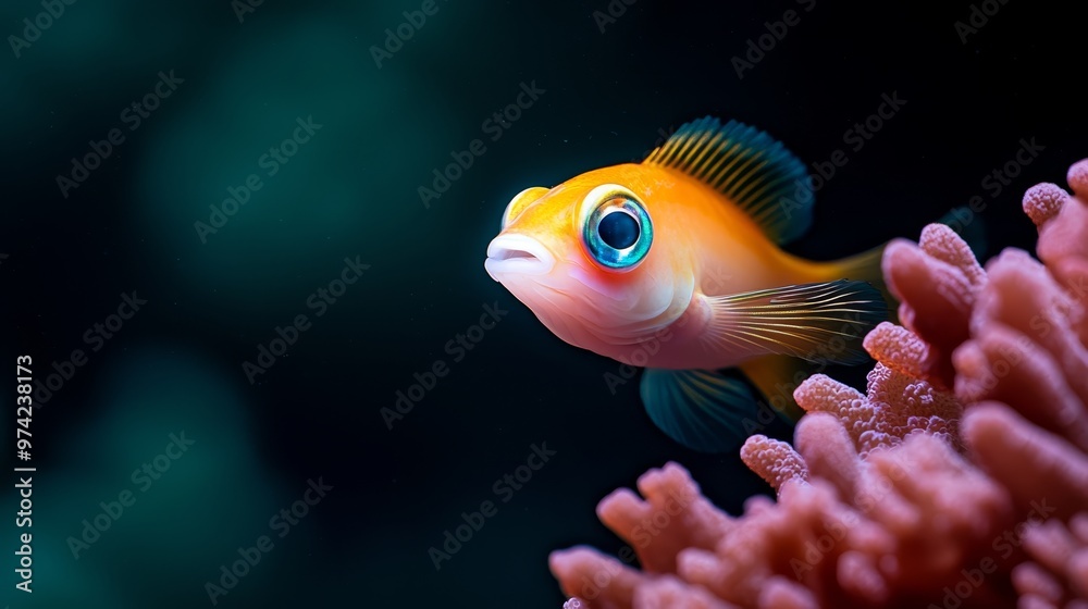 A tight shot of a fish gazing at the camera, nestled amongst coral Background softly blurred A tight shot of a fish gazing at the camera, nestled amongst coral Background softly blurred