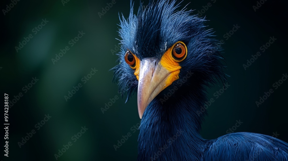 Fototapeta premium A tight shot of a blue bird against a black backdrop, its yellow beak contrasting sharply; the background subtly blurred