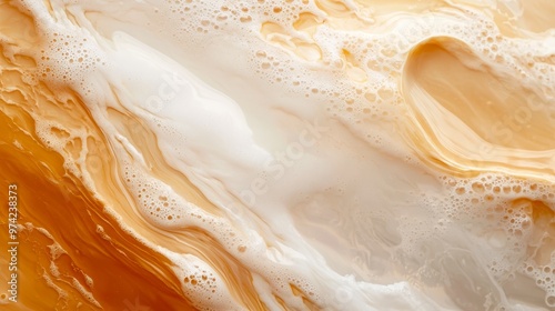  A tight shot of an orange liiquid, yielding hues of yellow and white, situated against a backdrop of pristine white and sunlit yellow, adorned with bub photo