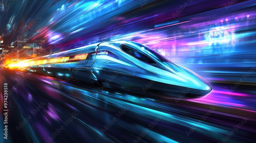 Modern electric trains speeding through vibrant urban cityscape. Modern electric trains speeding through vibrant urban cityscape.