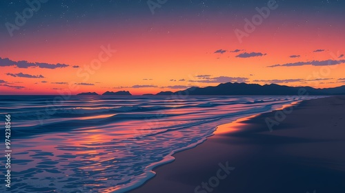 Anime-style illustration of a beautiful beach scene at sunset