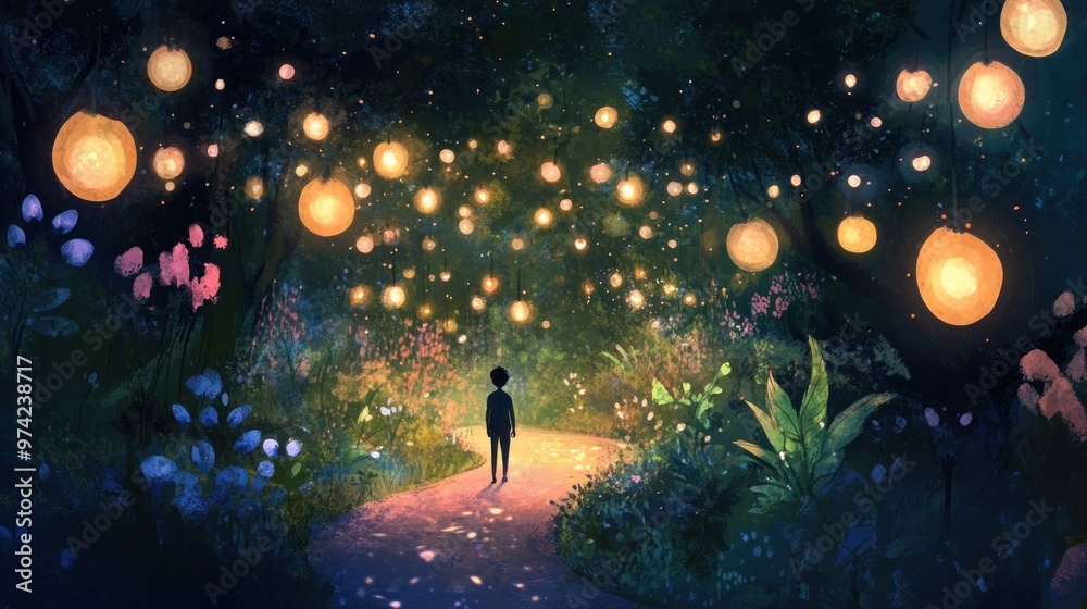 Obraz premium Child in magical forest filled with glowing lanterns and vibrant flowers at night