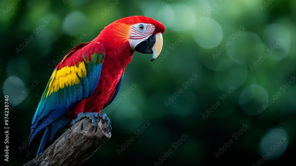A vibrant parrot sits atop a tree branch against a backdrop of lush, green leaves The surrounding trees softly blur in the distance A vibrant parrot sits atop a tree branch against a backdrop of lush, green leaves The surrounding trees softly blur in the distance