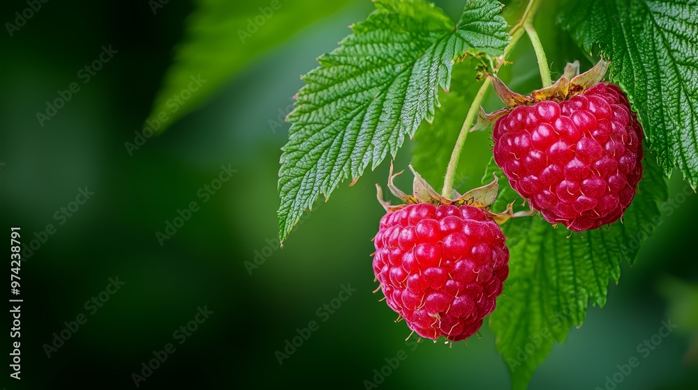 A tight shot of two raspberries on a leafy branch against a softly blurred background A tight shot of two raspberries on a leafy branch against a softly blurred background