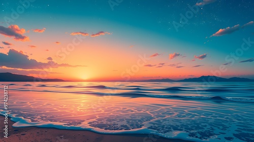 Anime-style illustration of a beautiful beach scene at sunset
