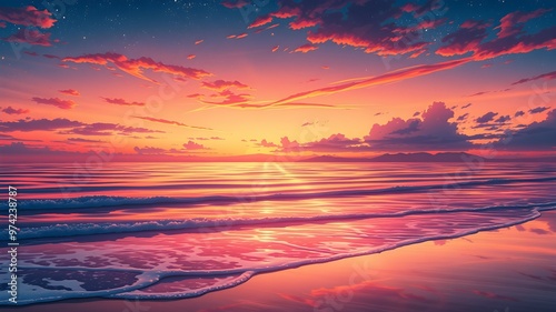 Anime-style illustration of a beautiful beach scene at sunset
