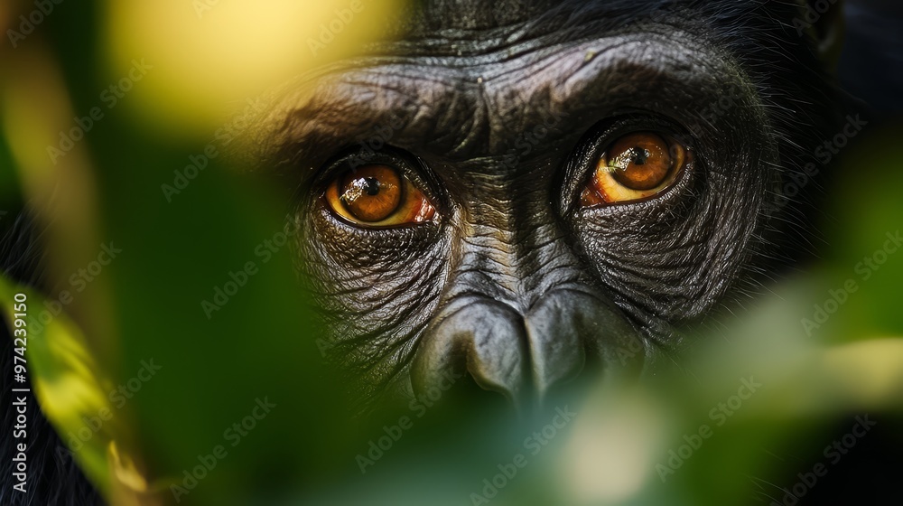 A tight shot of a monkey's face with expressive orange eyes and a vivid green leaf in the foreground A tight shot of a monkey's face with expressive orange eyes and a vivid green leaf in the foreground