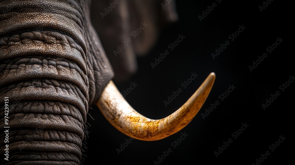 Fototapeta premium A tight focus on an elephant's tusks against a black backdrop