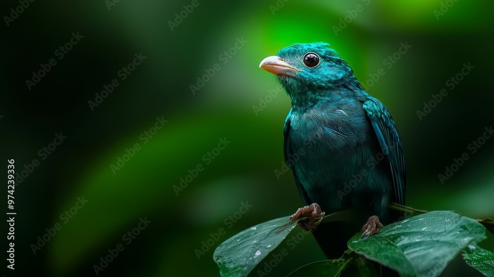 A birds-eye view of a bird perched on a leafy branch against a backdrop of green light ..Or:..Up-close image A birds-eye view of a bird perched on a leafy branch against a backdrop of green light ..Or:..Up-close image