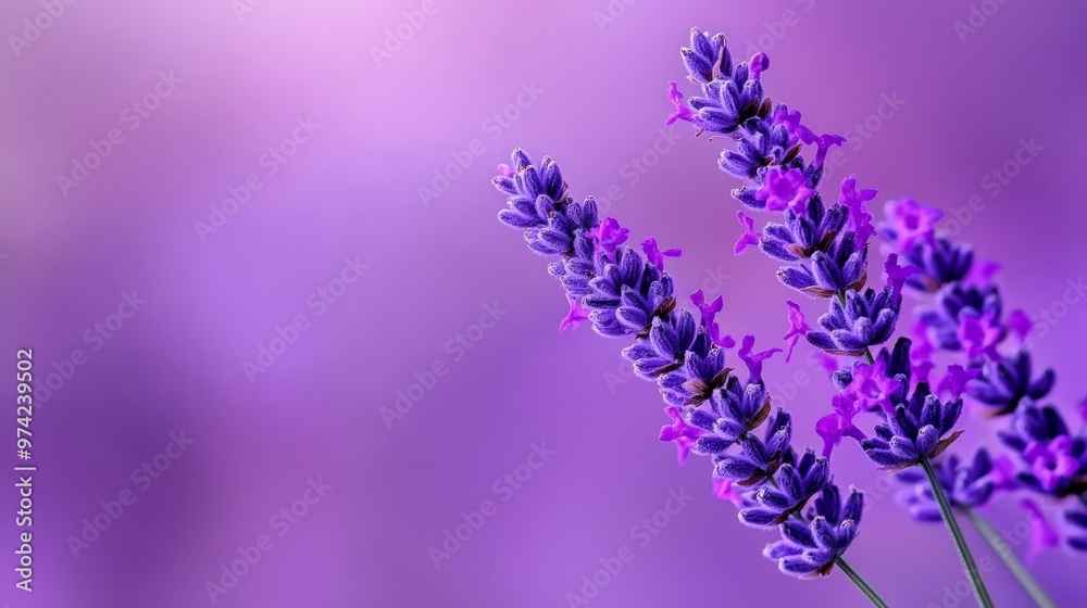 Fototapeta premium A tight shot of multiple purple blooms against a backdrop of purple and pink hues, with an out-of-focus sky above