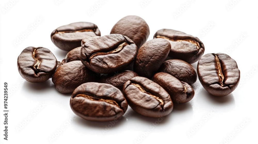 A small pile of roasted coffee beans, isolated on a white background. A small pile of roasted coffee beans, isolated on a white background.