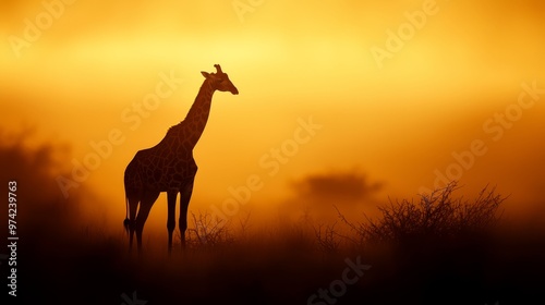  A giraffe stands in a field as the sun sets, fog shrouds the background