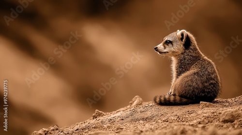  A meerkat baby atop a dirt mound gazes into the distance against a backdrop of brown sky