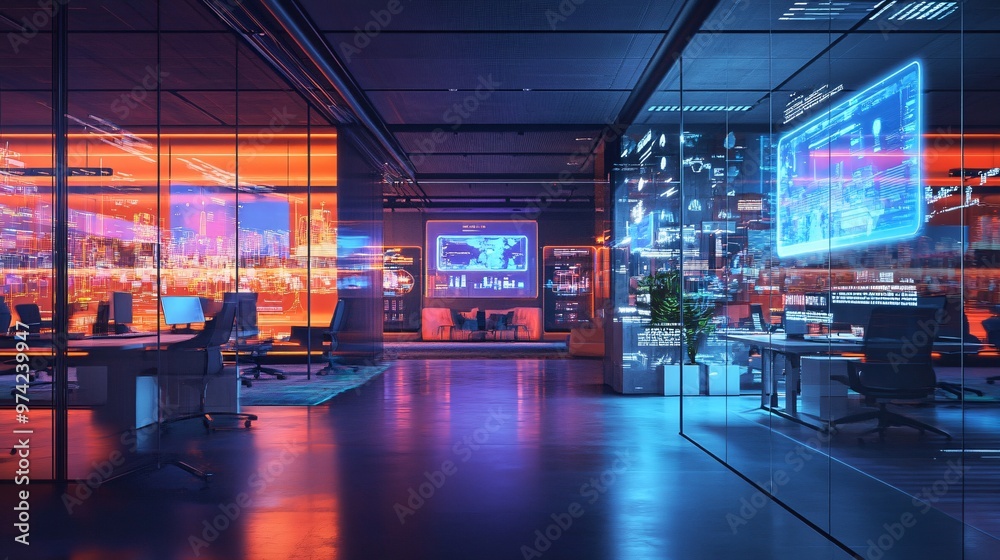 In a setting of modern, glass-walled business startup offices, the open, airy workspace reflects a contemporary and innovative ambiance, promising a dynamic environment for entrepreneurial growth In a setting of modern, glass-walled business startup offices, the open, airy workspace reflects a contemporary and innovative ambiance, promising a dynamic environment for entrepreneurial growth