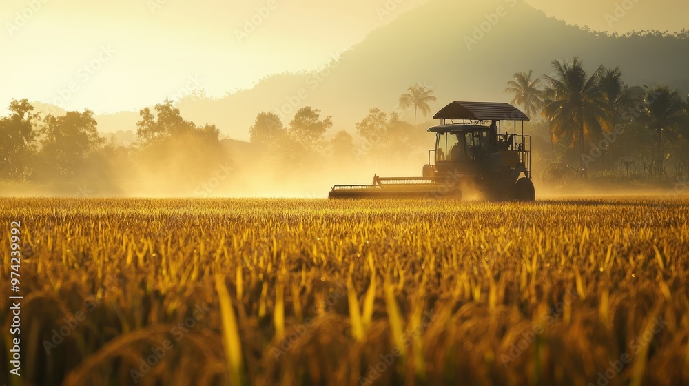 Fototapeta premium A South Asian agriculture harvester in a field of rice with copy space. No people