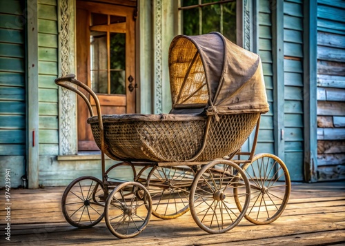 Rusty, ornate, wicker baby carriage with intricately curved metal frame and worn, faded fabric canopy, sitting photo