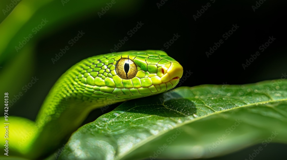 A tight shot of a green snake's head atop a single green leaf Surrounding background consists of various green leaves A tight shot of a green snake's head atop a single green leaf Surrounding background consists of various green leaves