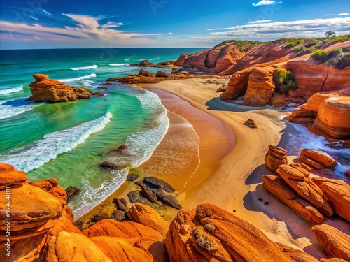 Sandy beach with rocky outcrops, turquoise waters, red rock formations stretching across rust-hued dunes drifts gently photo