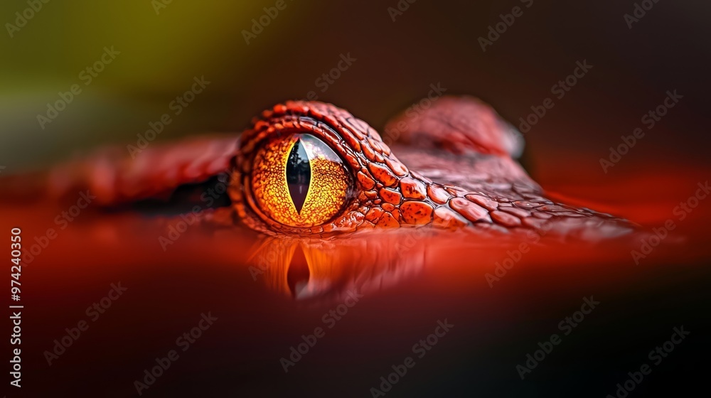 Fototapeta premium A tight shot of a red alligator's eyeball against a dark backdrop of black and red Background softly blurred