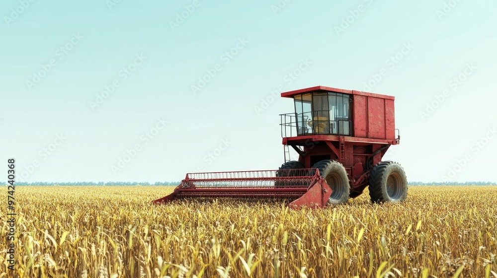 Obraz premium A South Asian forage harvester in a field of crops with copy space. No people