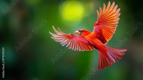  A red bird flying through the air with its wings spread widely