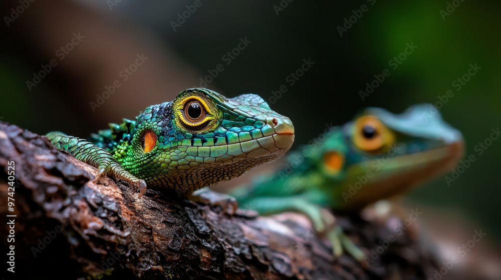 Fototapeta premium Two green lizards atop a tree branch before a verdant trunk