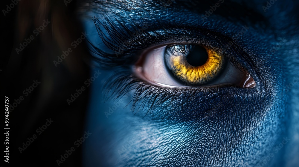 A tight shot of an eye, the upper part painted blue and yellow