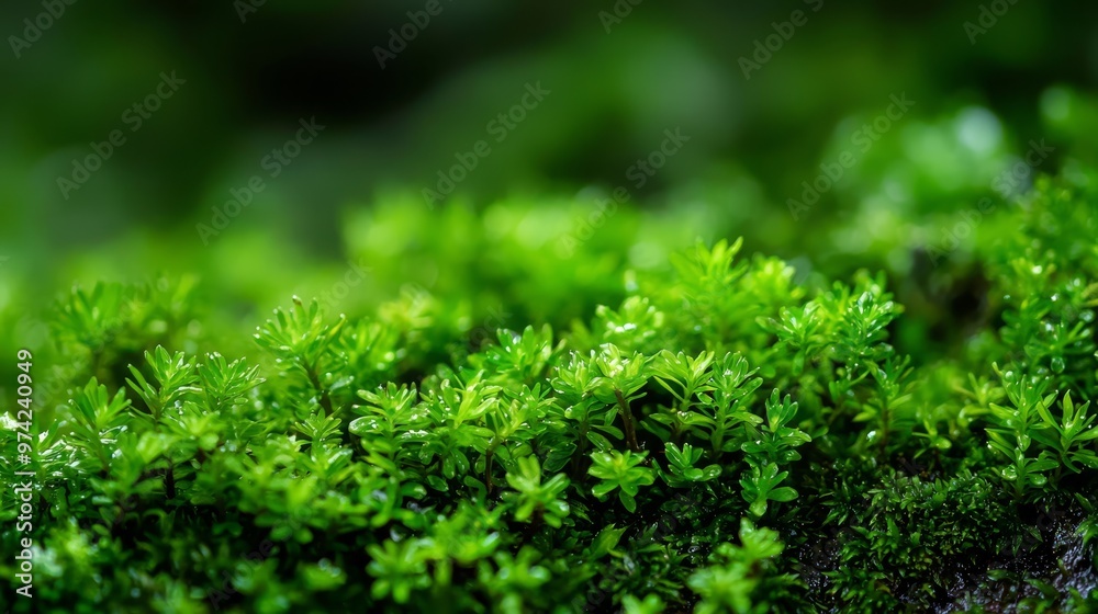 A tight shot of green moss covering tree bark, trees faintly blurred in the background A tight shot of green moss covering tree bark, trees faintly blurred in the background