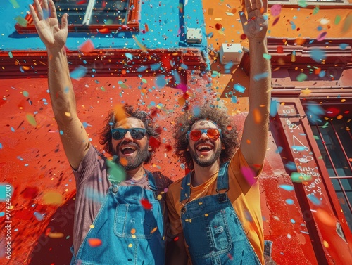 A photo of two happy in denim overalls and sunglasses, throwing confetti into the air against a red wall background. The scene is vibrant with colorful, glittery sparkles, creating a festive  photo