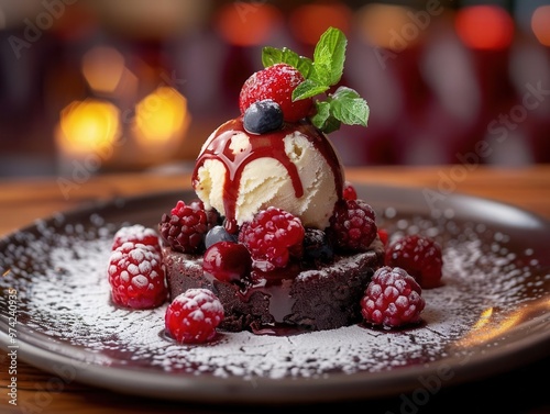 Elegant dessert plate with chocolate fondant, creamy ice cream on top, assorted fresh berries, focus on the rich and smooth textures, eyelevel shot, warm lighting photo