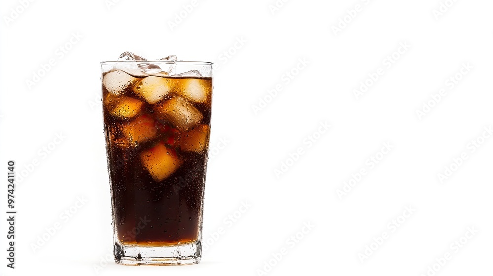 A tall glass filled with a dark brown beverage, such as cola, with ice cubes. A tall glass filled with a dark brown beverage, such as cola, with ice cubes.