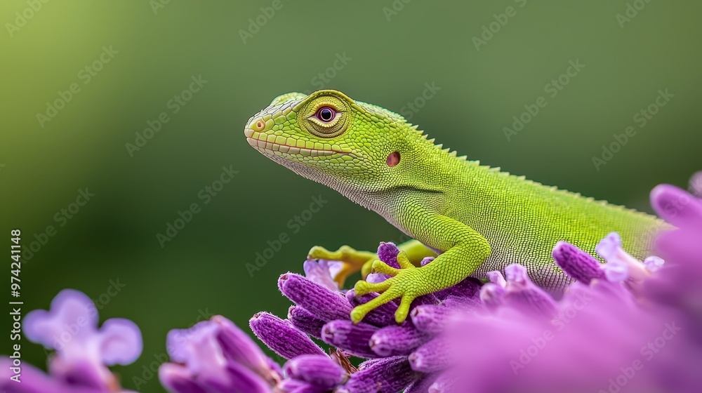 Fototapeta premium A tight shot of a lizard on a purple-hued flower Background softly blurred