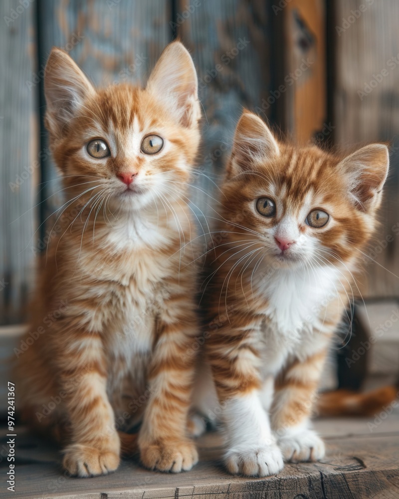 The cute kittens with orange and white fur, sitting on a wooden floor, soft lighting enhancing their features, eyelevel angle, cozy and warm environment