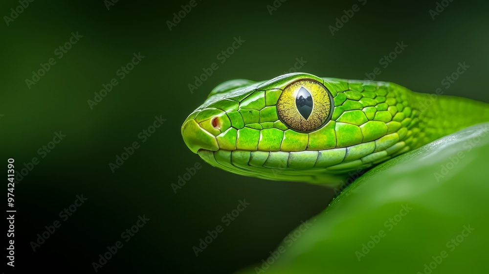 A tight shot of a green snake's eye, a nearby green leaf in the foreground, against a black backdrop A tight shot of a green snake's eye, a nearby green leaf in the foreground, against a black backdrop