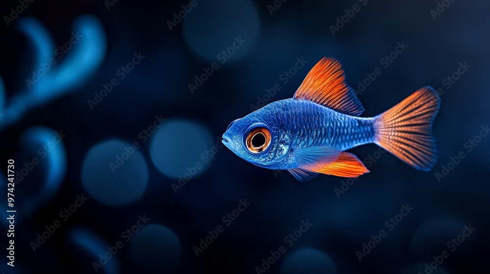 A tight shot of a blue-orange fish against black backdrop, lit by soft, blurred light A tight shot of a blue-orange fish against black backdrop, lit by soft, blurred light