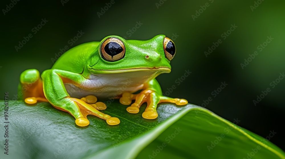 A frog up-close on a crisp leaf against a softly blurred background Foreground subtly blurred A frog up-close on a crisp leaf against a softly blurred background Foreground subtly blurred
