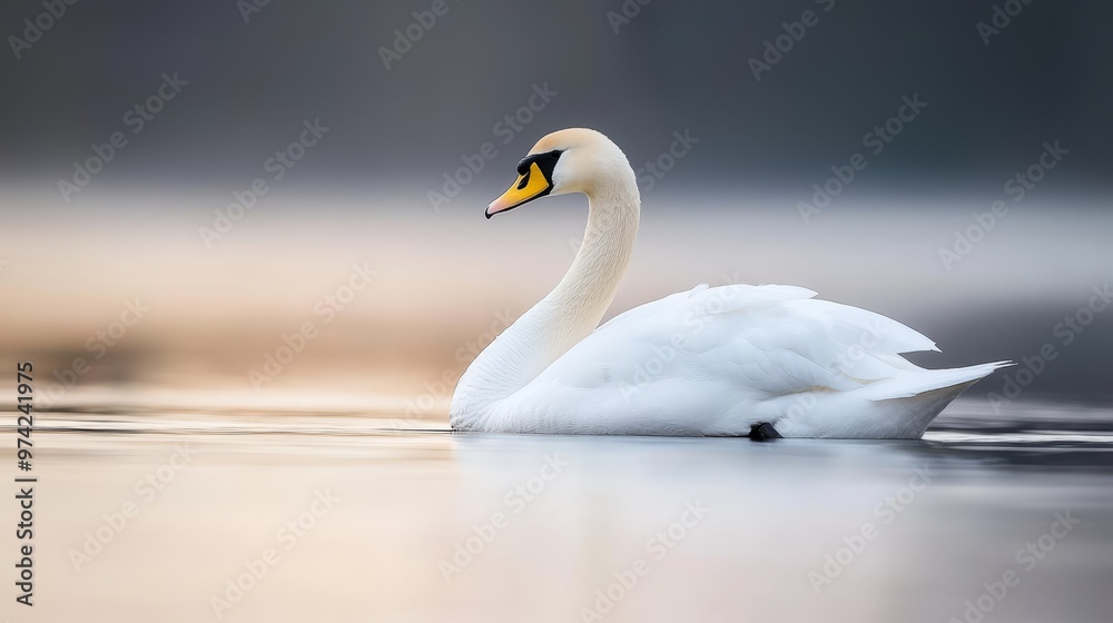  A white swan floats serenely on the lake Nearby, a bird perches with a yellow beak contrasting its black one