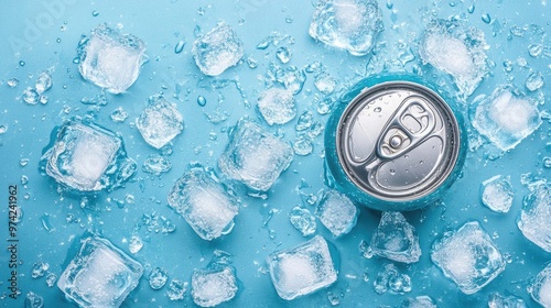 A top view of a closed aluminum can with a silver ring on top, surrounded by ice cubes and water drops on a blue background.