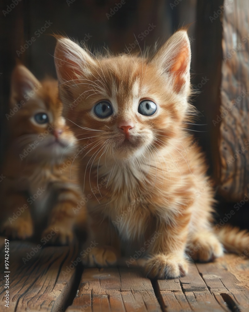 Obraz premium An adorable orange and white kittens on a wooden floor, playful expressions, soft lighting enhancing their fur, eyelevel perspective, cozy and inviting scene
