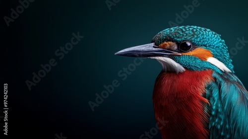 blue head, red body, white chest against a black backdrop