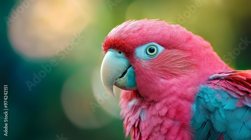  A tight shot of a pink-blue bird against blurred treebackground photo