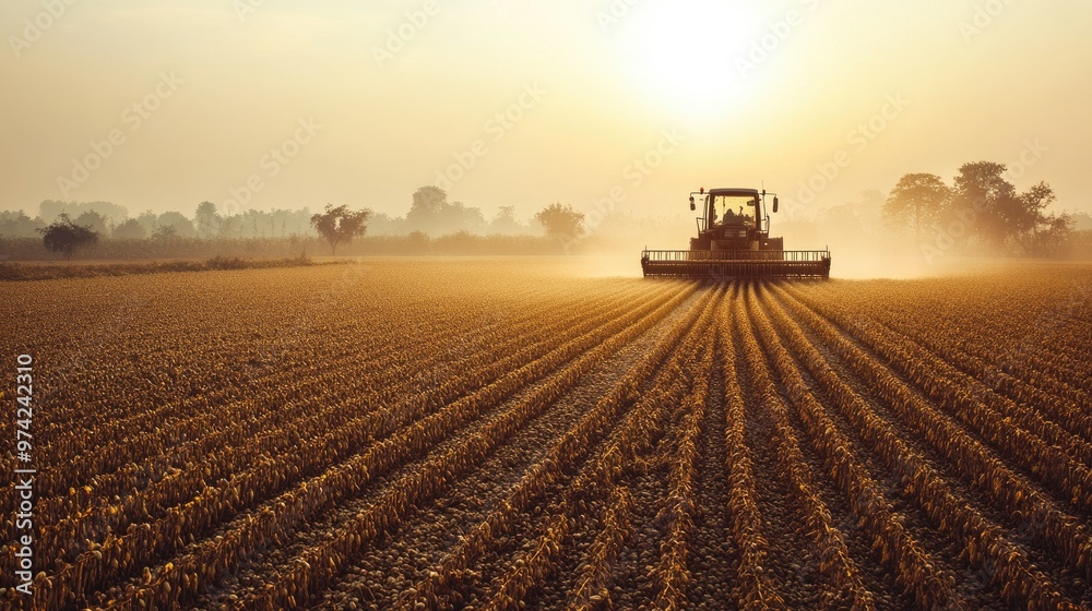 South Asian machinery for harvesting pulses in a field, no people, copy space South Asian machinery for harvesting pulses in a field, no people, copy space