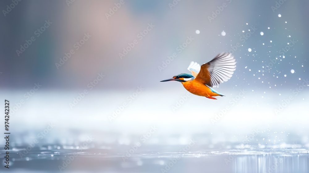 Obraz premium A bird flies over a body of water with its wings spread out