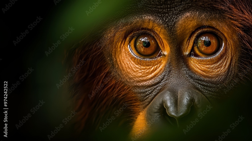 A tight shot of a monkey's face, displaying orange and brown fur on its head A tight shot of a monkey's face, displaying orange and brown fur on its head