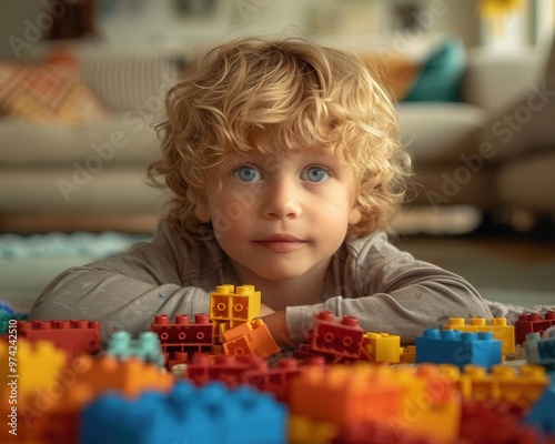 Young child with building blocks, cozy living room, natural light, closeup, vibrant colors, playful and creative, AIgenerated image