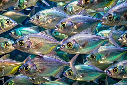 School of iridescent hatchetfish, their shimmering silver bodies and large eyes reflecting light, swim together in photo