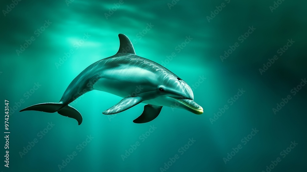 A dolphin painting in the ocean, its face illuminated by a gentle light, opening mouth A dolphin painting in the ocean, its face illuminated by a gentle light, opening mouth