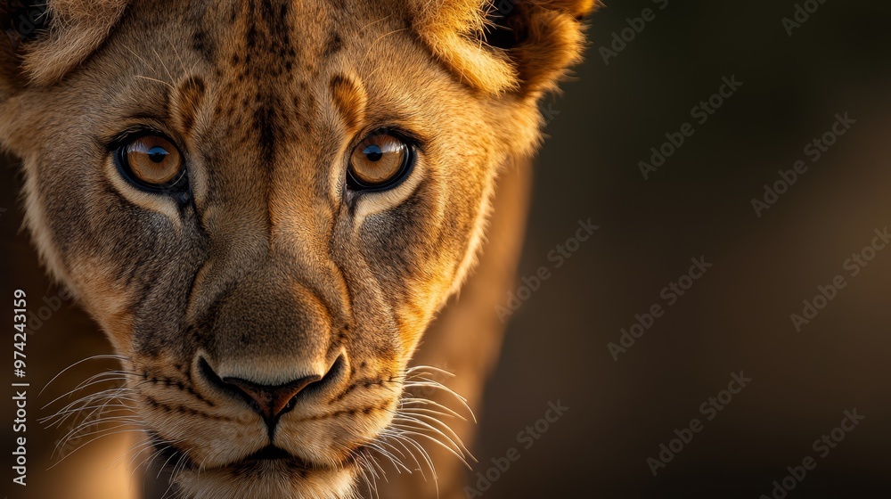  A close-up of a lion's face with a blurred background