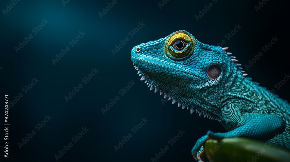  A sharp image of a chameleon on a branch against a blurred background